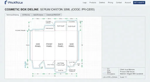 Technical packaging dieline blueprint vector layout with fold lines, cut lines, bleed boundaries, and dimension annotations for cosmetic product packaging