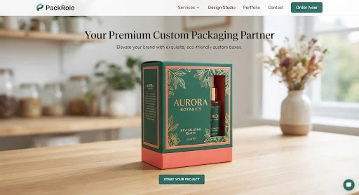 Finished cosmetic box manufactured in realistic daylight setting with crisp folding edges, soft touch lamination, and vibrant emerald and coral colors